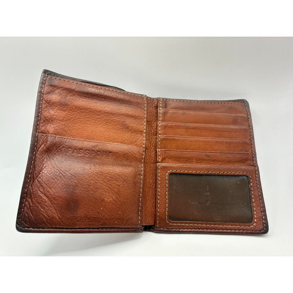 Fossil Passport Wallet OS Brown Leather Bifold Travel Organizer Zipper Pocket